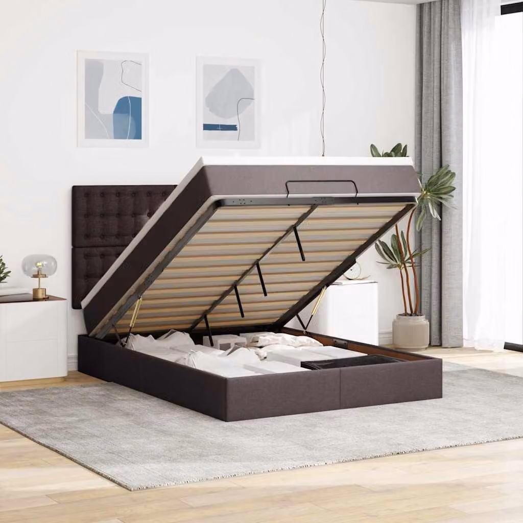 Letto con contenitore a sollevamento vidaXL in tessuto con materasso, L: 200 cm, P: 140 cm, H: 128 cm, Disponibile in marrone, bianco o grigio