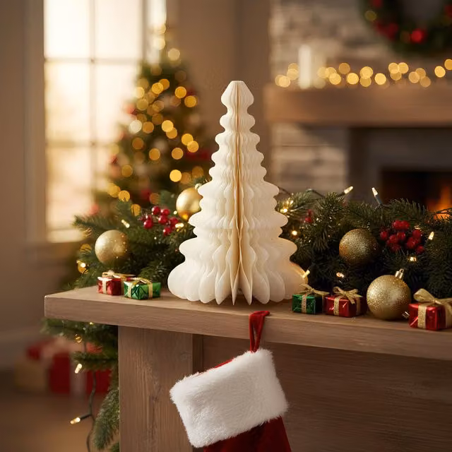 Decorazione natalizia albero di abete bianco in carta, Altezza: 30 cm