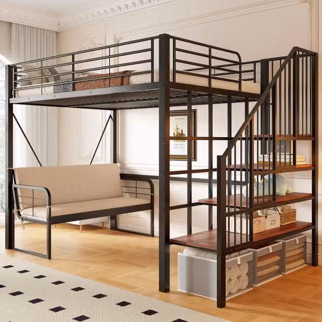 Letto a Castello 140x200 con Divano Estraibile, Contenitore e Scala ¨C Xylo ¨C Nero, Metallo