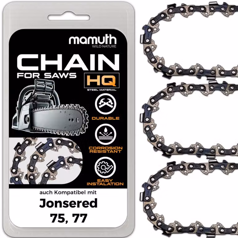 3 catene per motosega, lunghezza 50 cm, passo 1,5 mm, larghezza 3/8", modello 72 TG, compatibili con le motoseghe Jonsered 75 e 77