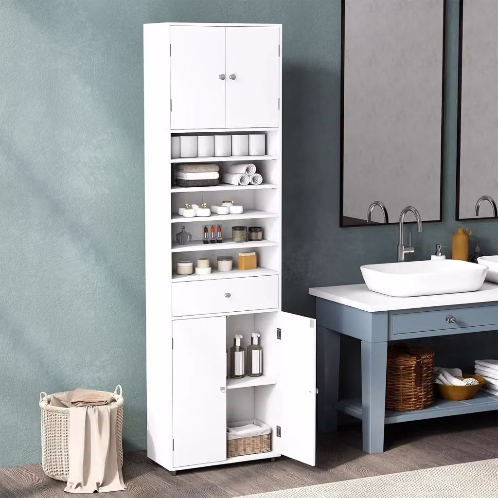 Mobile da Bagno Bianco Costway con Cassetto, Ante e Ripiani Regolabili, L/P/H: 50 x 24 x 180 cm – 2