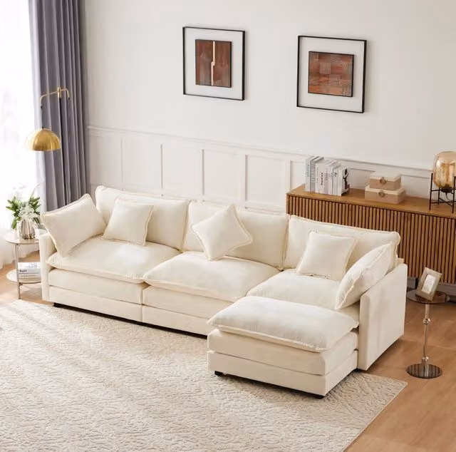 Divano a 3 posti con chaise longue a L e pouf mobile; in ciniglia beige; 283x147x84 cm