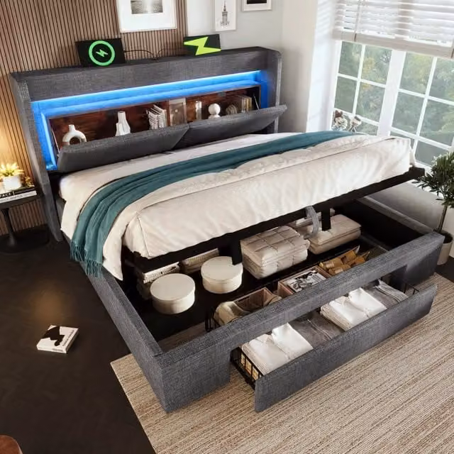 LETTO Contenitore 160x200 cm con testiera LED e porte USB, grigio
