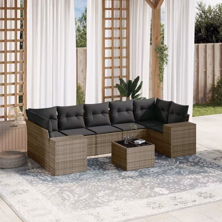 vidaXL Set Divano da Giardino 8 pz a Forma a L in Polyrattan Grigio con Cuscini e Tavolino da Caffè