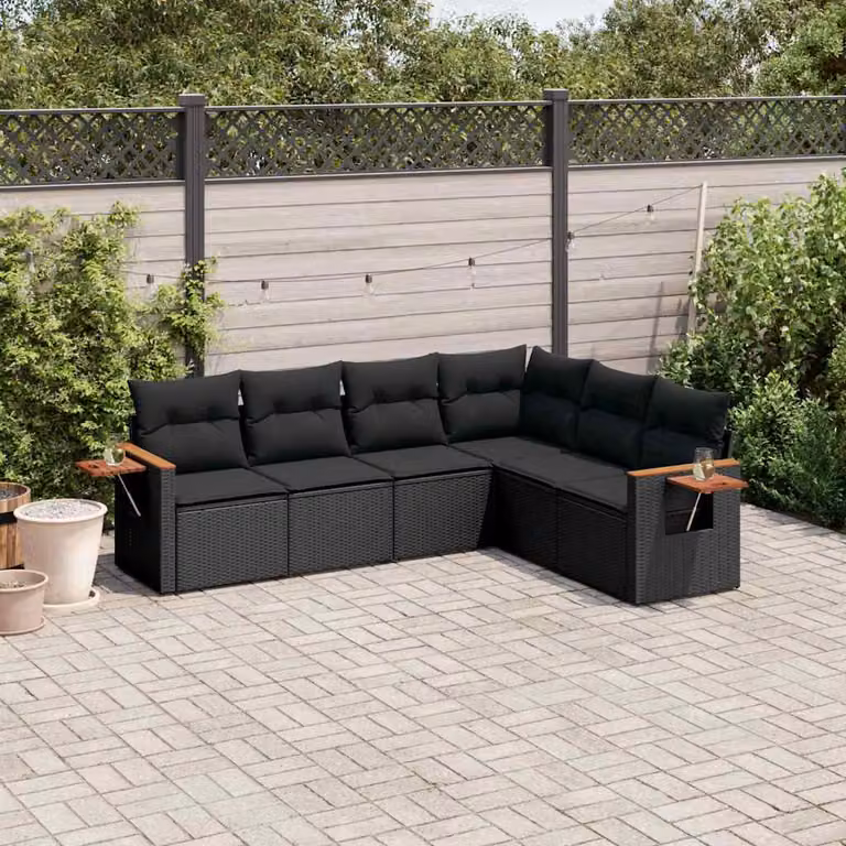 Set Divano da Giardino a L vidaXL in Polyrattan Nero con Cuscini e Tavolino da Esterno 6 pz
