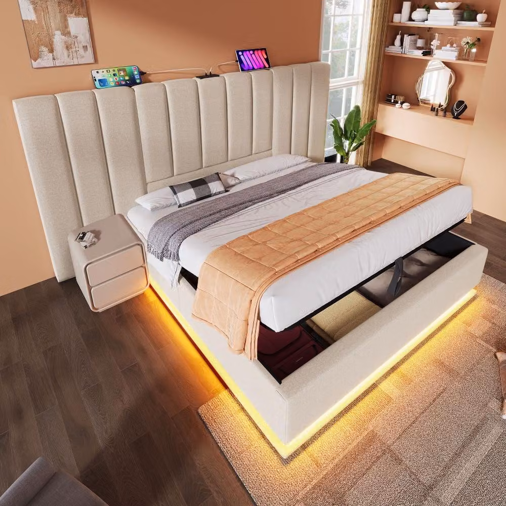 Letto imbottito 160x200 cm, color beige, in lino. Letto contenitore con sistema di sollevamento idraulico, letto con illuminazione LED e controllo tramite app, dotato di porta USB-C, e struttura con rete a listelli