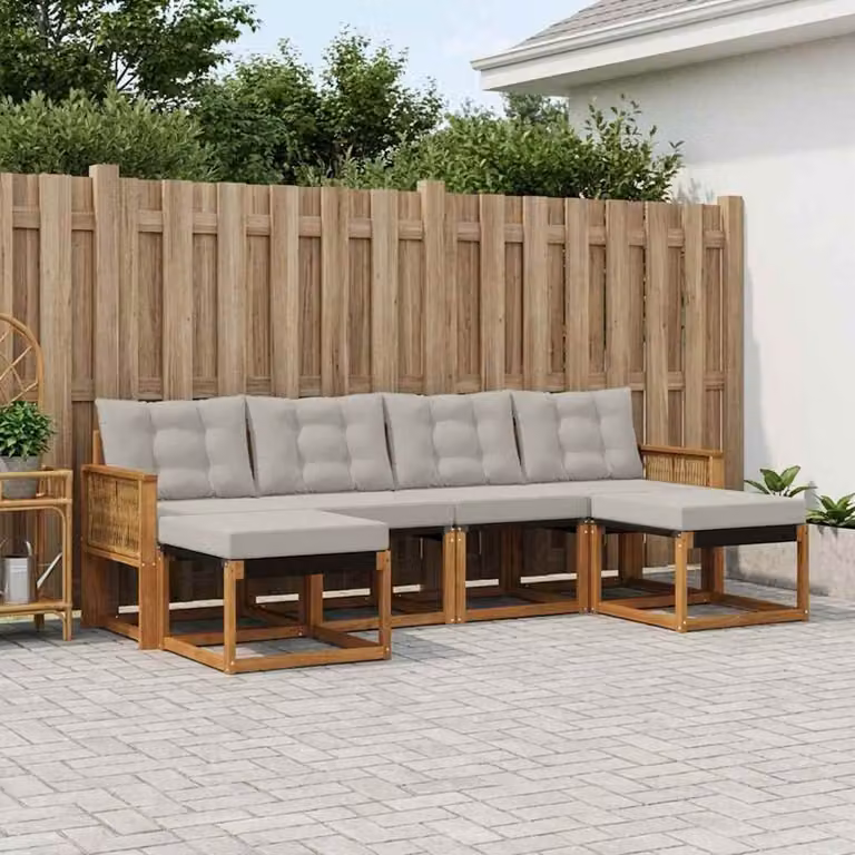 Set di divani da esterno a L vidaXL in legno di acacia con pouf e cuscini, beige e grigio
