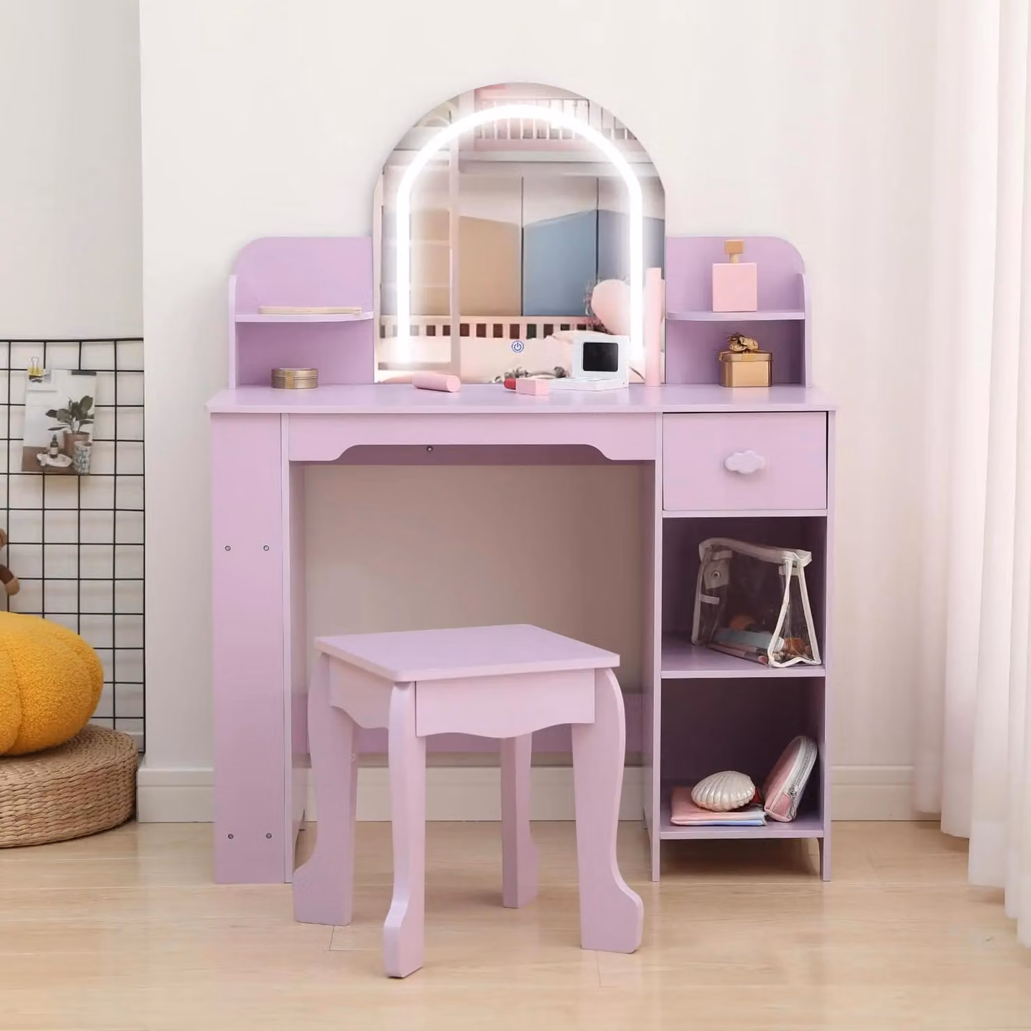 Comò da trucco per bambine - Set da trucco con sgabello - Specchio touch LED - 3 modalità di illuminazione regolabile - Spazio contenitivo - Colore lilla, completo di accessori