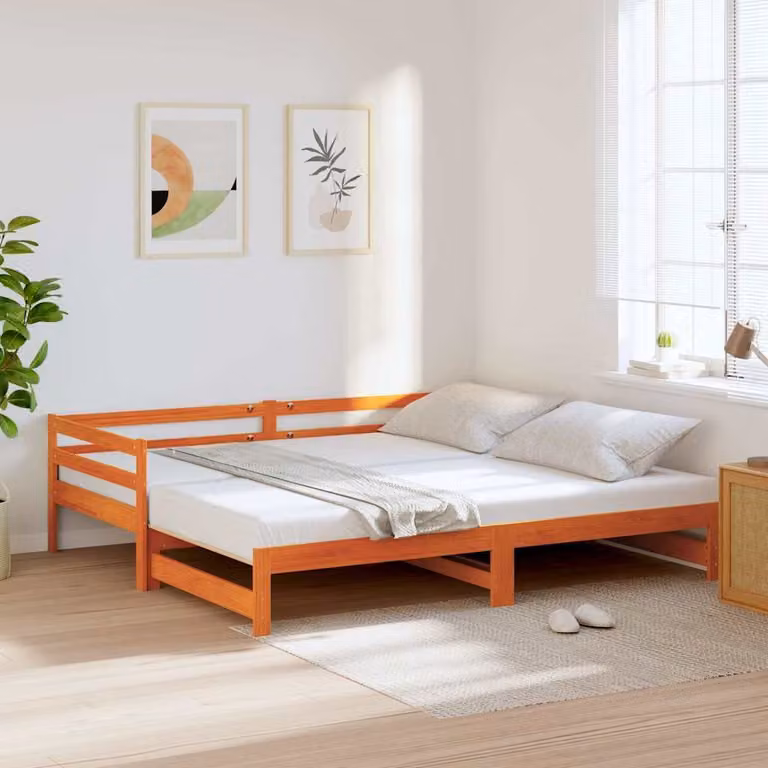 Divano con letto estraibile vidaXL in legno di pino massello color marrone cera con base a sollevamento L/P/H: 203.5 x 87.5 x 56.5 cm