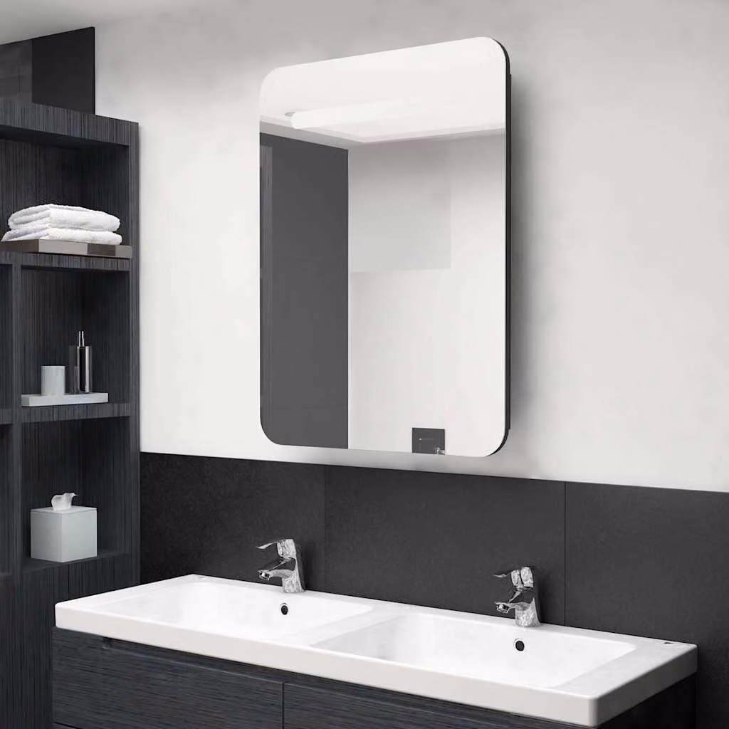 Armadietto a specchio con LED vidaXL nero per bagno in MDF e vetro, L: 60 cm, P: 11 cm, H: 80 cm – 1