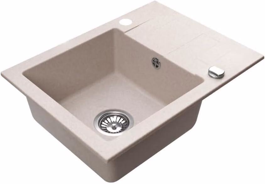 VBChome Lavello in granito 59 x 44 cm Beige Lavello da incasso a vasca singola Reversibile Speckled Lavello di facile manutenzione con sifone Ideale per piccole cucine