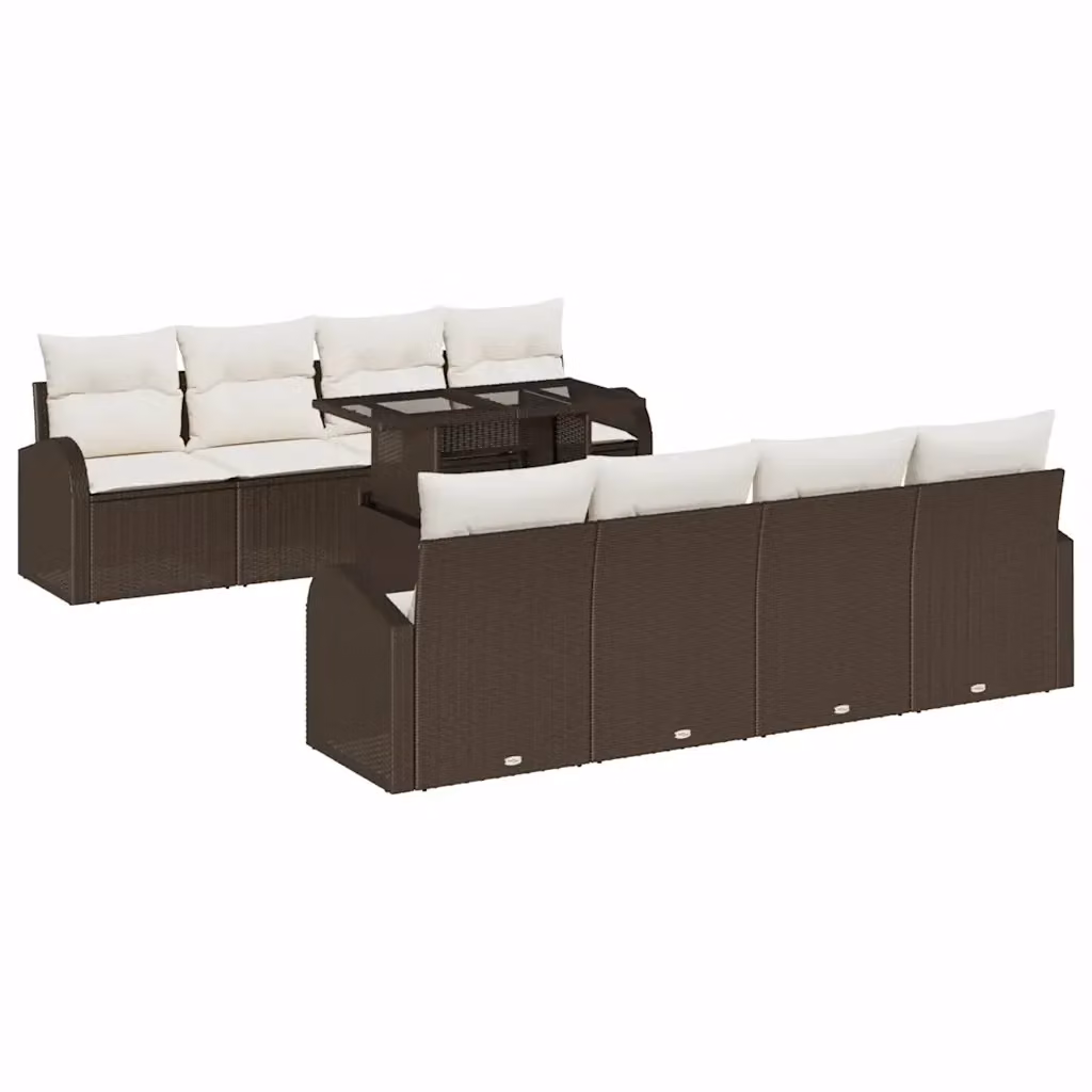 vidaXL Set Divano da Giardino 9 pz a forma di U con Tavolino, Marrone e Bianco, in Rattan e Metallo con Cuscini Rimovibili – 2