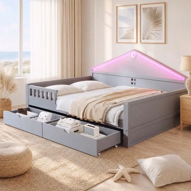 Letto multifunzione 140x200 cm con 2 cassetti e LED; legno massello e MDF; grigio