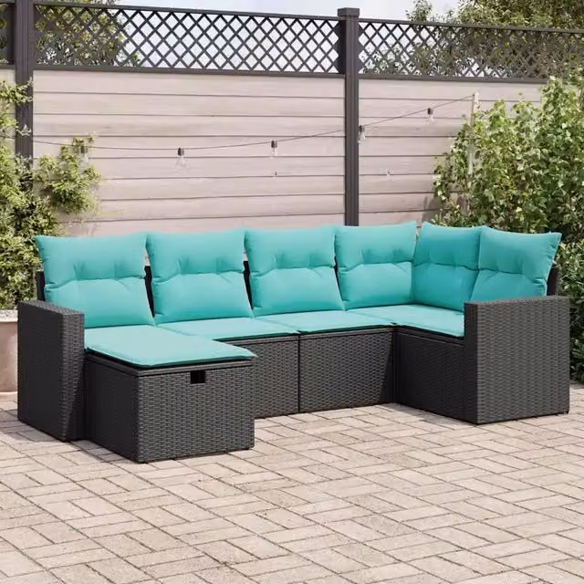 Set Divano da Giardino a L vidaXL in Polyrattan Nero con 6 Cuscini e Copertura Inclusa
