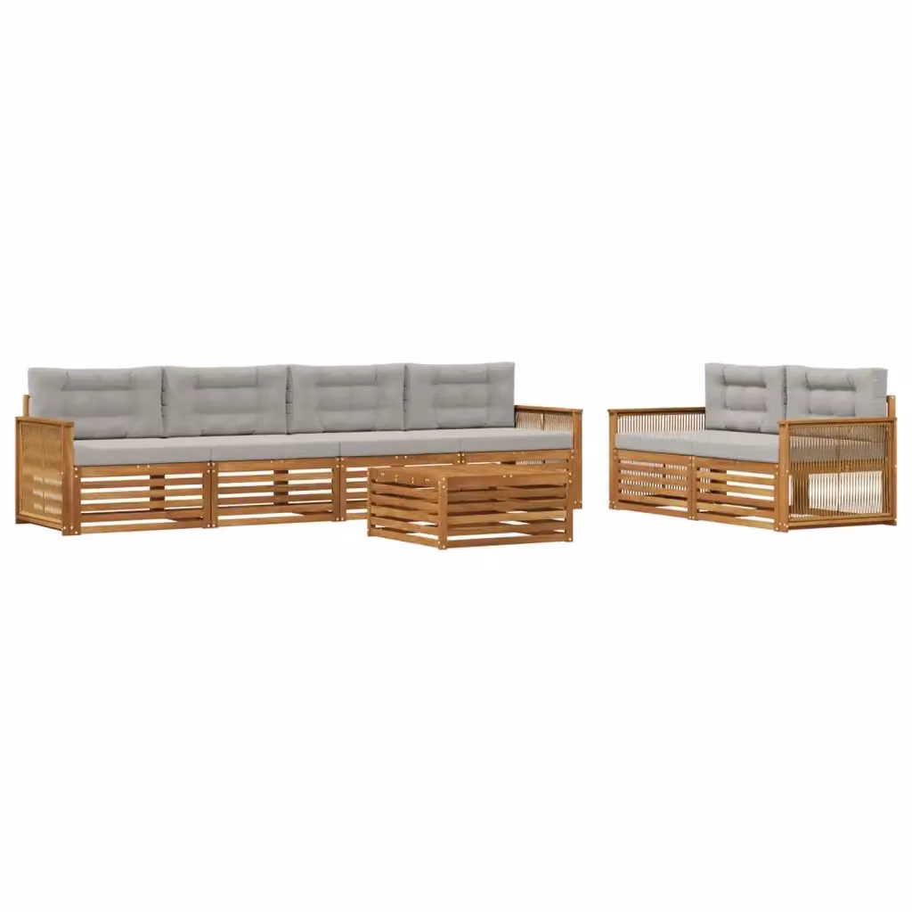 Set di mobili da esterno vidaXL composto da 7 pezzi con divano a 3 posti, tavolino da caffè e cuscini in tessuto beige e grigio con struttura in legno di acacia naturale – 2