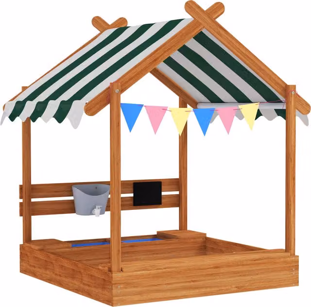Sabbiera per bambini Outsunny con tenda, 6 bandierine, 2 vaschette, rubinetto e lavagna a casetta, arancione e multicolore, L: 124 cm, P: 116 cm, H: 146 cm – 1