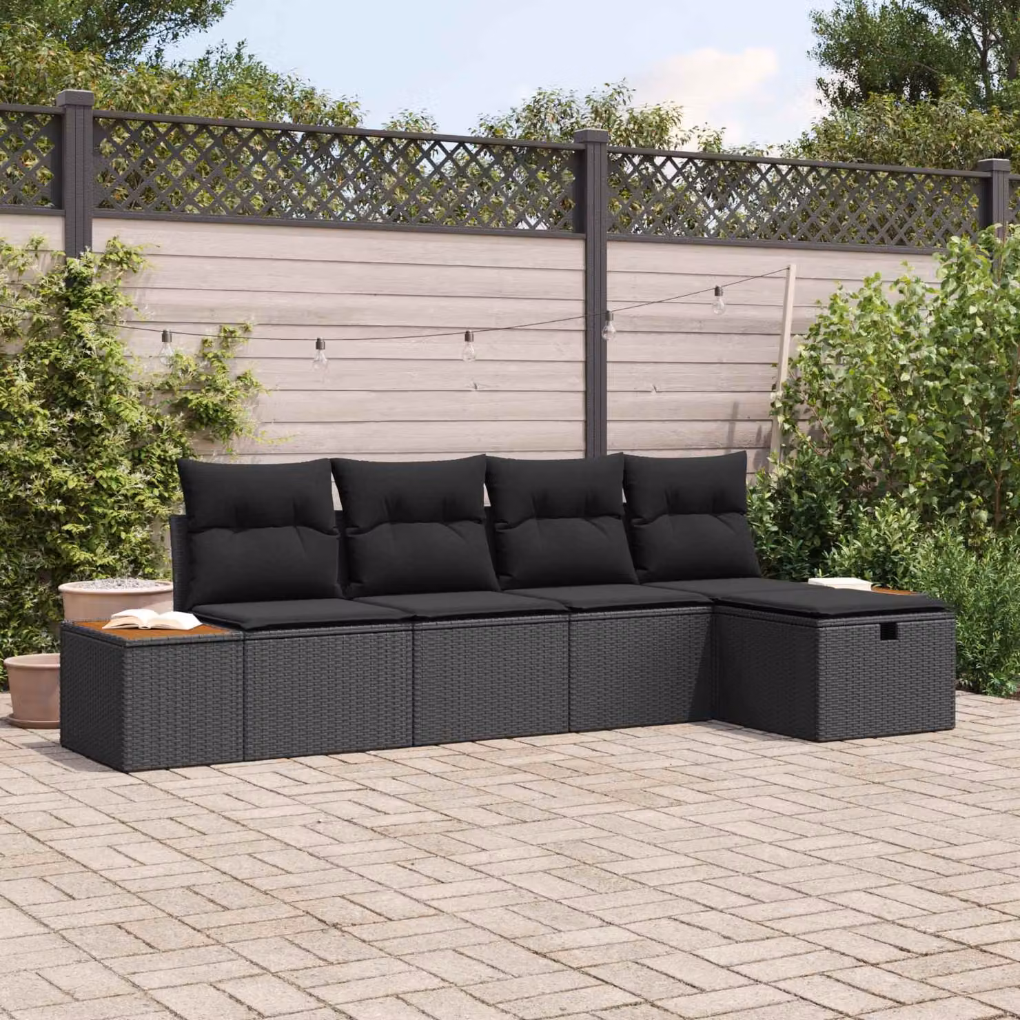 Set Divano da Giardino a L vidaXL in Polyrattan Nero con Cuscini e Ottoman, 6 Pezzi – 1