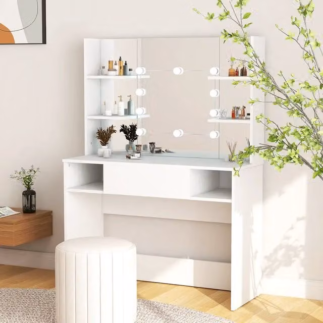 Toeletta Hollywood LED vidaXL in MDF Bianco L: 100 cm, P: 40 cm, H: 135 cm