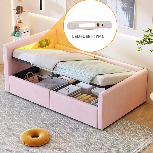 Letto bambino-Xylo-90x200 cm-LED, USB, idraulico, velluto rosa