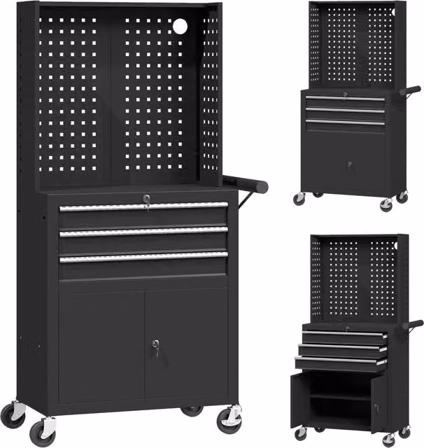 Carrello Porta Attrezzi GIORDANOSHOP in Acciaio Nero con Piano di Lavoro, 3 Cassetti e Pannelli Forati, L/P/H: 69 x 33 x 133 cm – 1