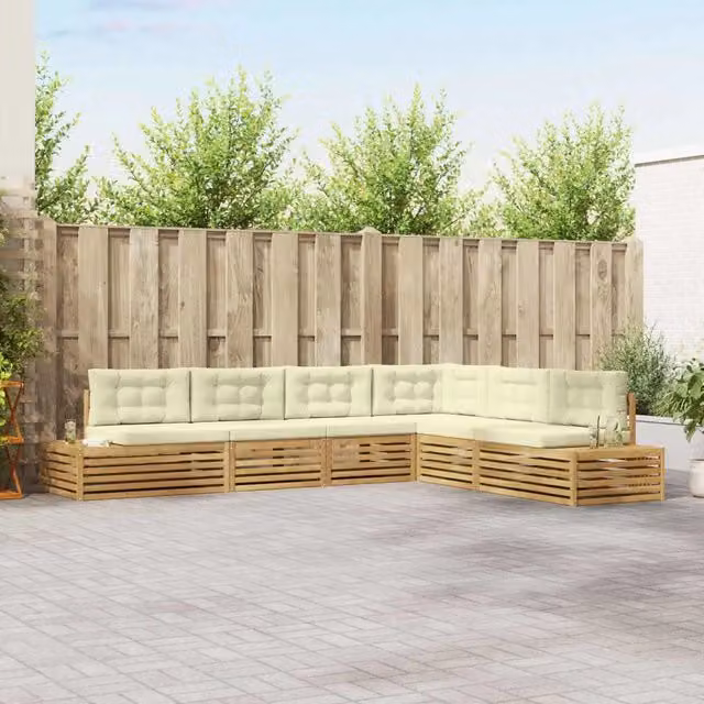 Set di 7 divani da esterno vidaXL in legno di acacia con cuscini beige e bianco per giardino e terrazza