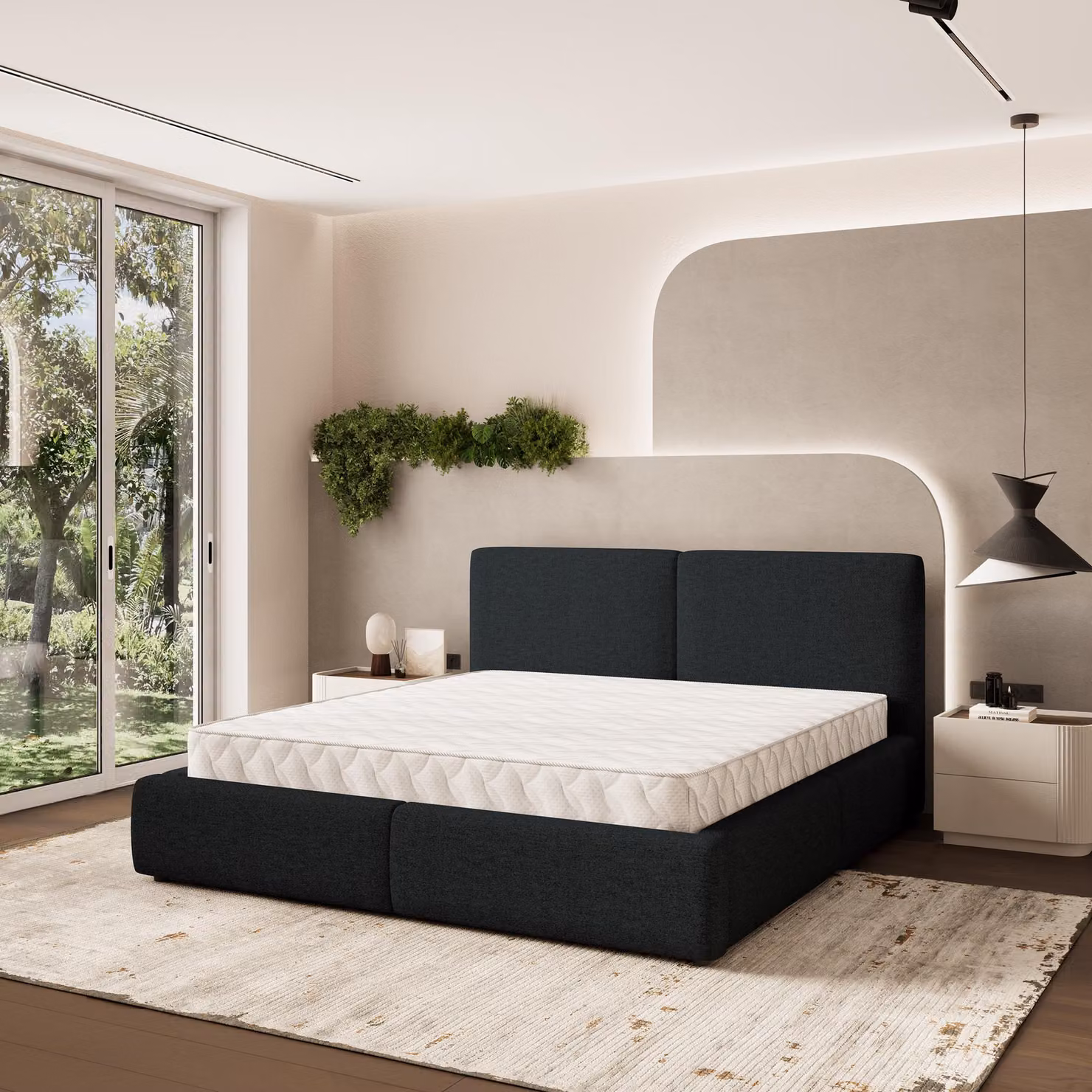Letto imbottito Masseno FELURO 140x200 cm, letto imbottito con cassetti - Nero, NEVE 100