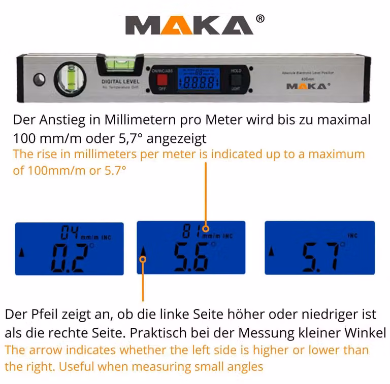 Livella digitale da 416 mm con base magnetica e indicatore di inclinazione