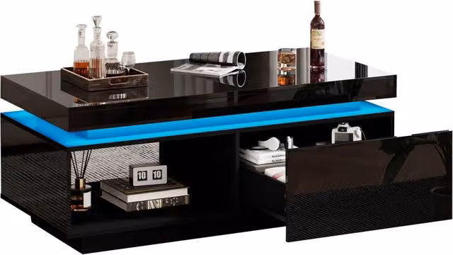 Tavolino da Salotto con 1 Cassetto e LED; Nero Lucido; Stile Moderno; in Pannello di Particelle; 100×50×40;3 cm
