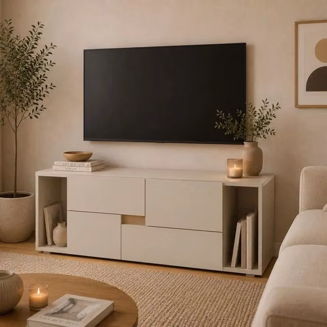 Cassettiera Lamimoli con 2 cassetti in legno color beige cashmere, L 94 cm x P 30 cm x H 40 cm – 1