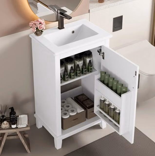 Mobile lavabo 51x34x83 cm in MDF e ceramica bianco, salvaspazio –