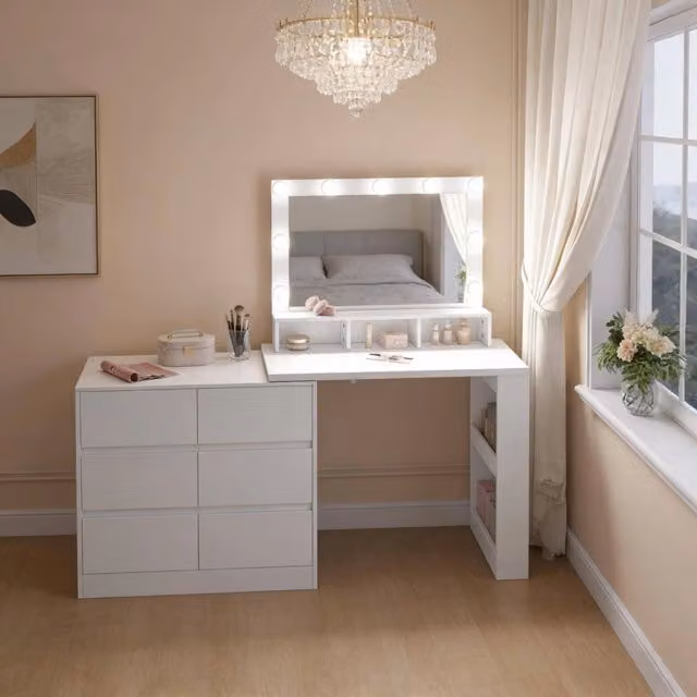 Tavolo Vanity Bianco 2 in 1 con Specchio LED Regolabile e Comodino Lavorato, 6 Cassetti Grandi, Design L e Mensole Laterali