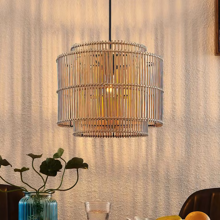 Lampada a sospensione Bridga Lindby, dimmerabile, Legno chiaro, Soggiorno / Sala da pranzo, bambù, Scandinavo, Lampada a sospensione