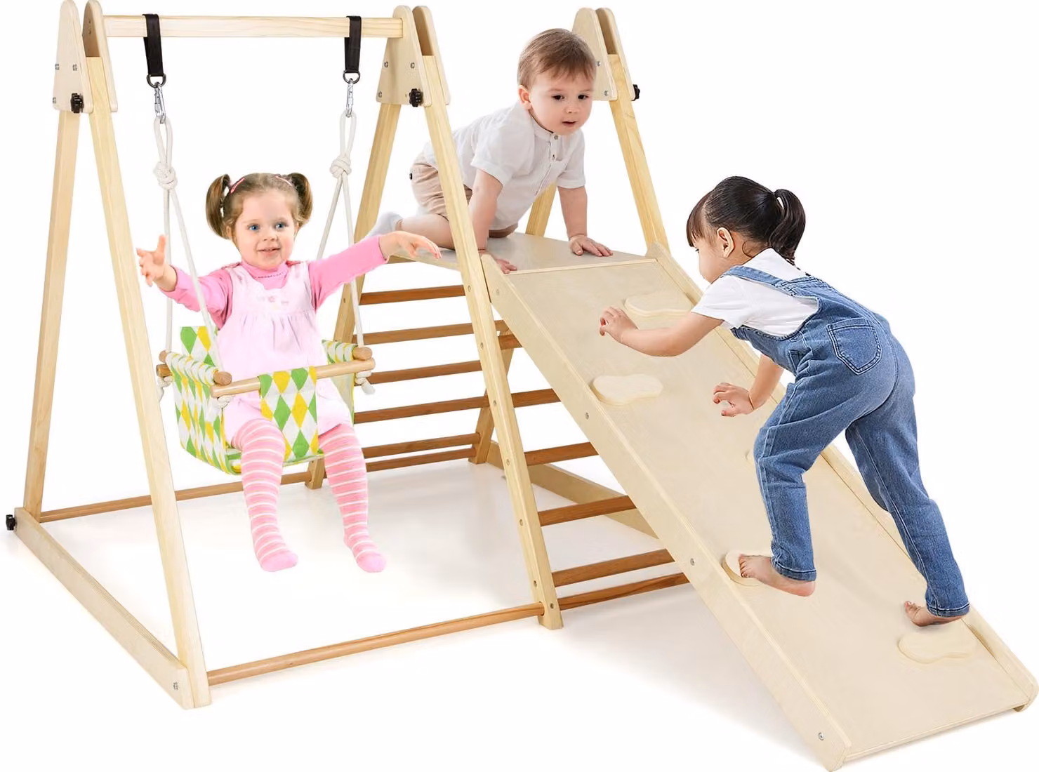 COSTWAY 4 in 1 Struttura per arrampicata da interno, parco giochi con altalena per bambini, piattaforma di riposo, rampa e scala per arrampicata, set per arrampicata, triangolo di arrampicata in legno per bambini 1+