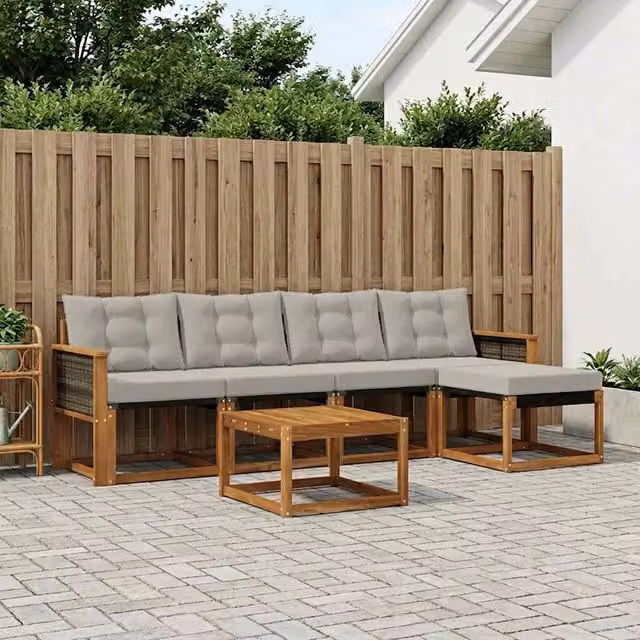 Set di mobili da giardino vidaXL composto da 6 pezzi con divano a L, pouf e tavolino da caffè in legno di acacia trattato, colore beige e grigio – 1