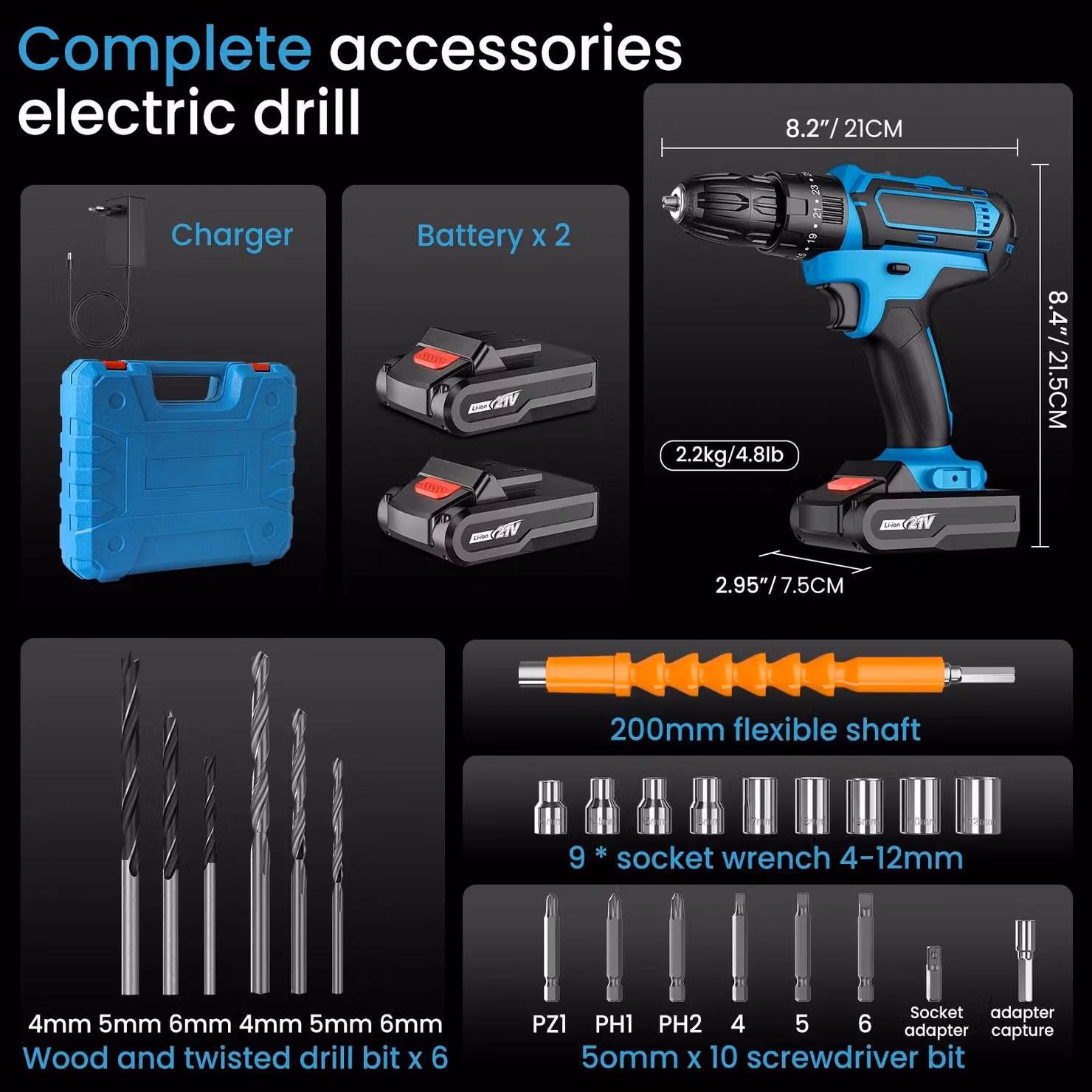 Trapano avvitatore - Modello Standard S - Portatile - Alimentato a batteria - Batteria inclusa - Colore blu