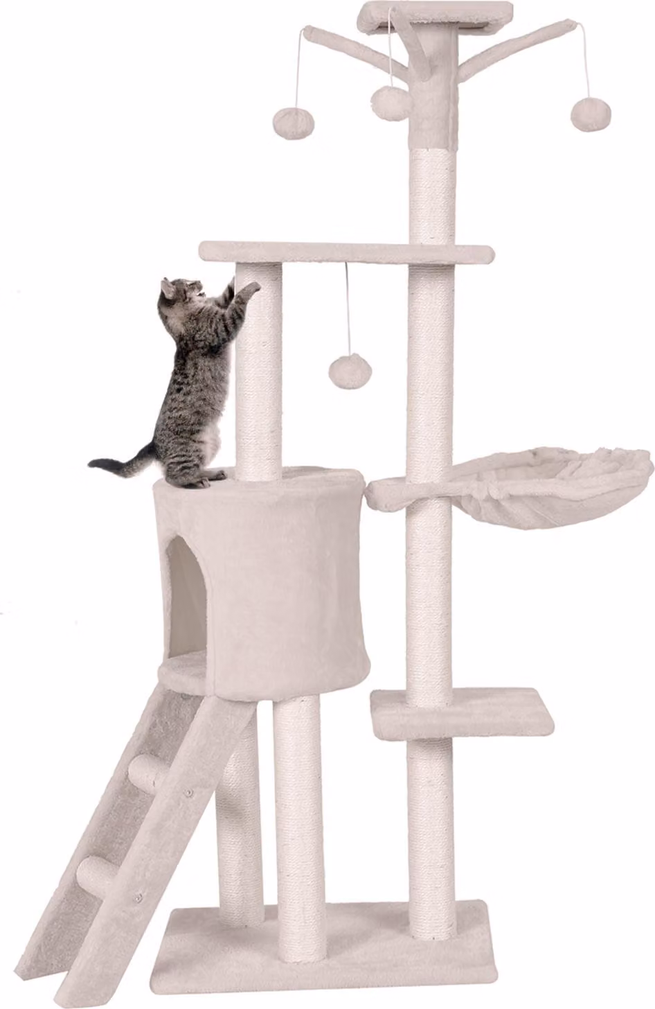 Tiragraffi COSTWAY 140 cm, albero per gatti con piattaforme, grotta per gatti, palla da gioco, scala, palo e cesto in sisal, arredamento per gatti, albero delle attività, beige