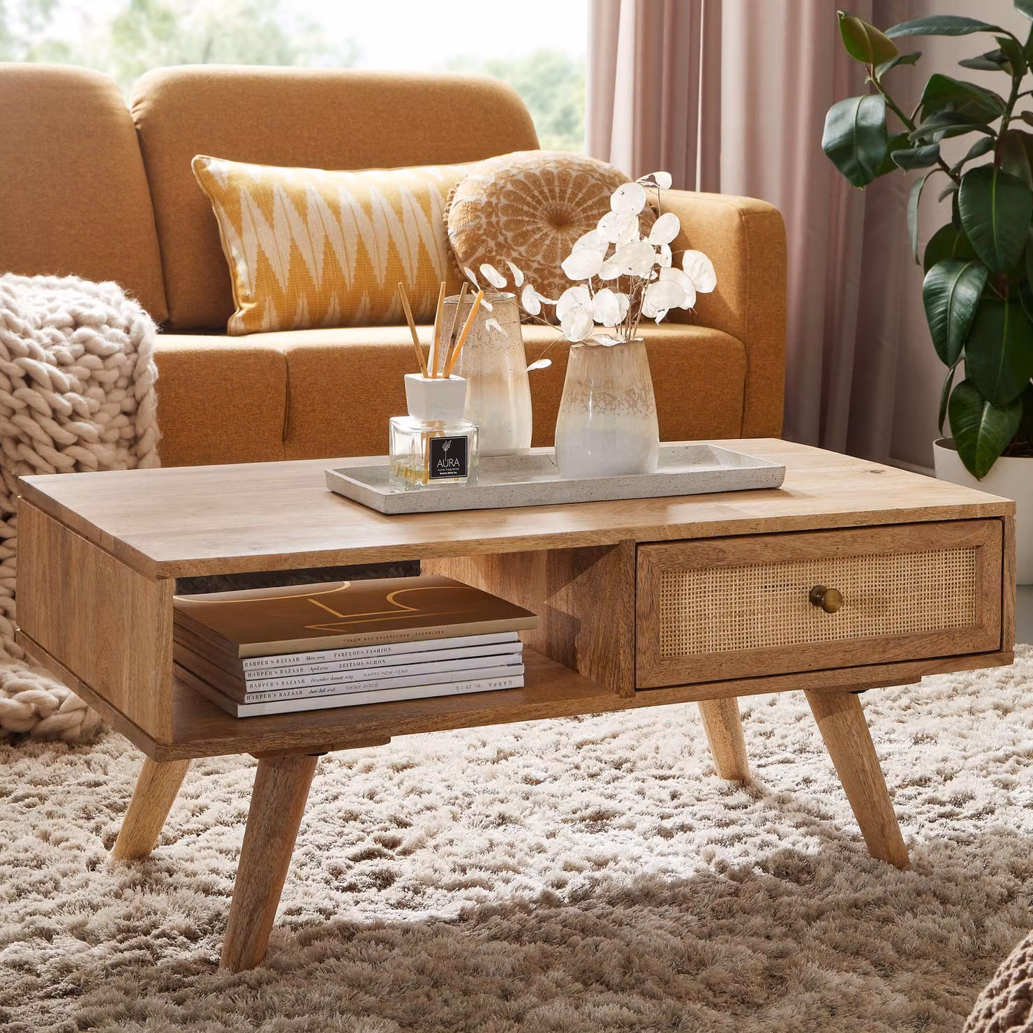 FineBuy tavolino 90cm mango legno massiccio / rattan tavolo soggiorno rettangolare, tavolo in legno con spazio di archiviazione, tavolo divano con cassetto solido vimini