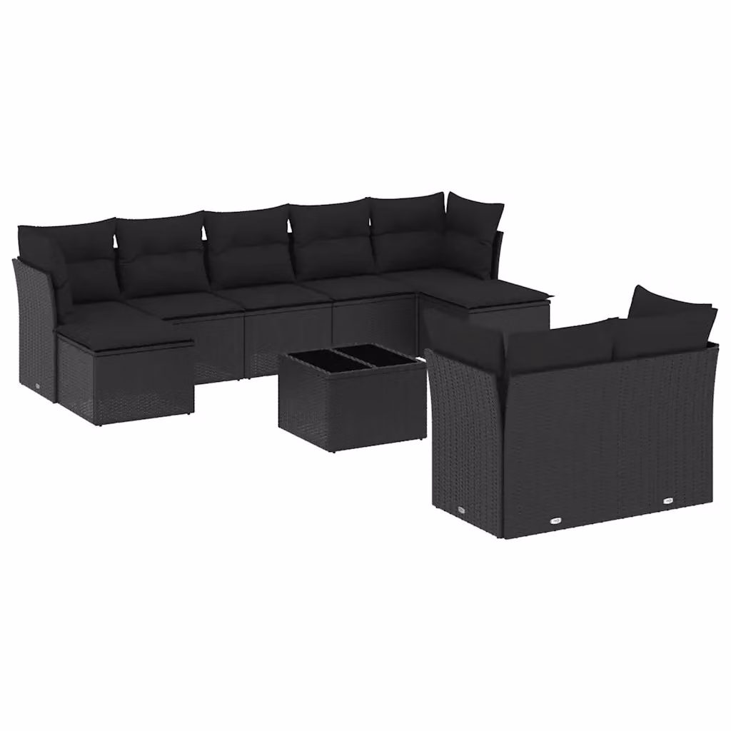 vidaXL Set Divani da Giardino 10 Pezzi in Polyrattan Nero con Cuscini e Tavolino da Esterno a Forma di U – 2