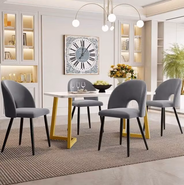 Set da pranzo 5 pezzi con sedie imbottite; schienale con motivo a rombi; velluto grigio