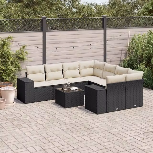 Set Divani da Giardino 9 pz con Cuscini Nero in Polyrattan 3254693