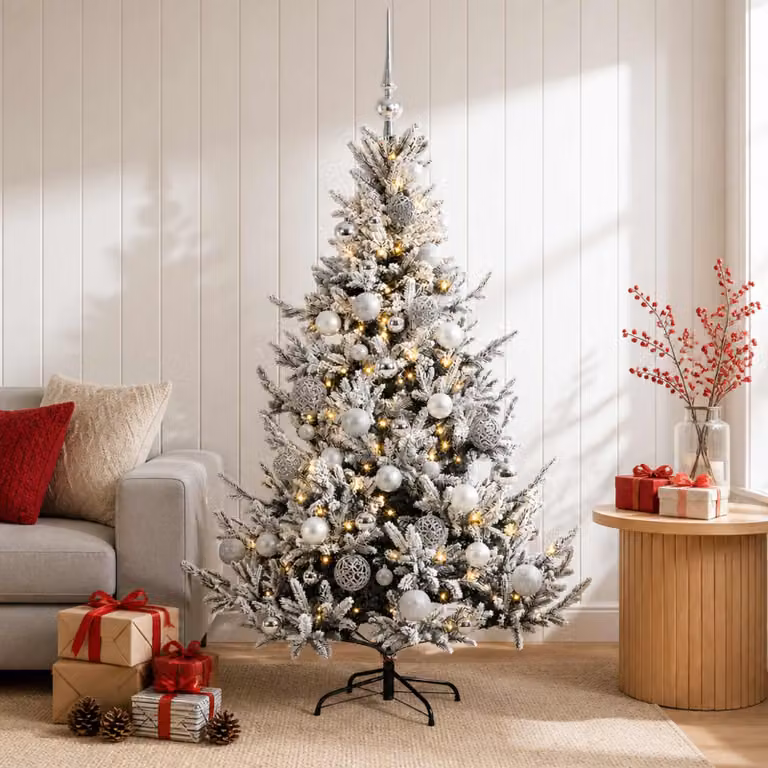 Albero di Natale artificiale moderno vidaXL verde con 150 LED bianco caldo e decorazioni bianche, Altezza: 120 cm