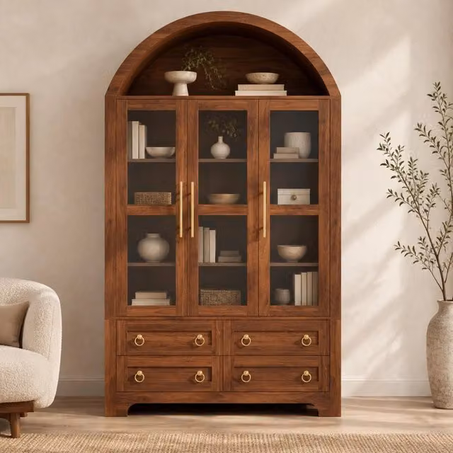 Madia in noce con 3 ante in vetro; 4 cassetti e vano ad arco aperto; 110x40x185 cm