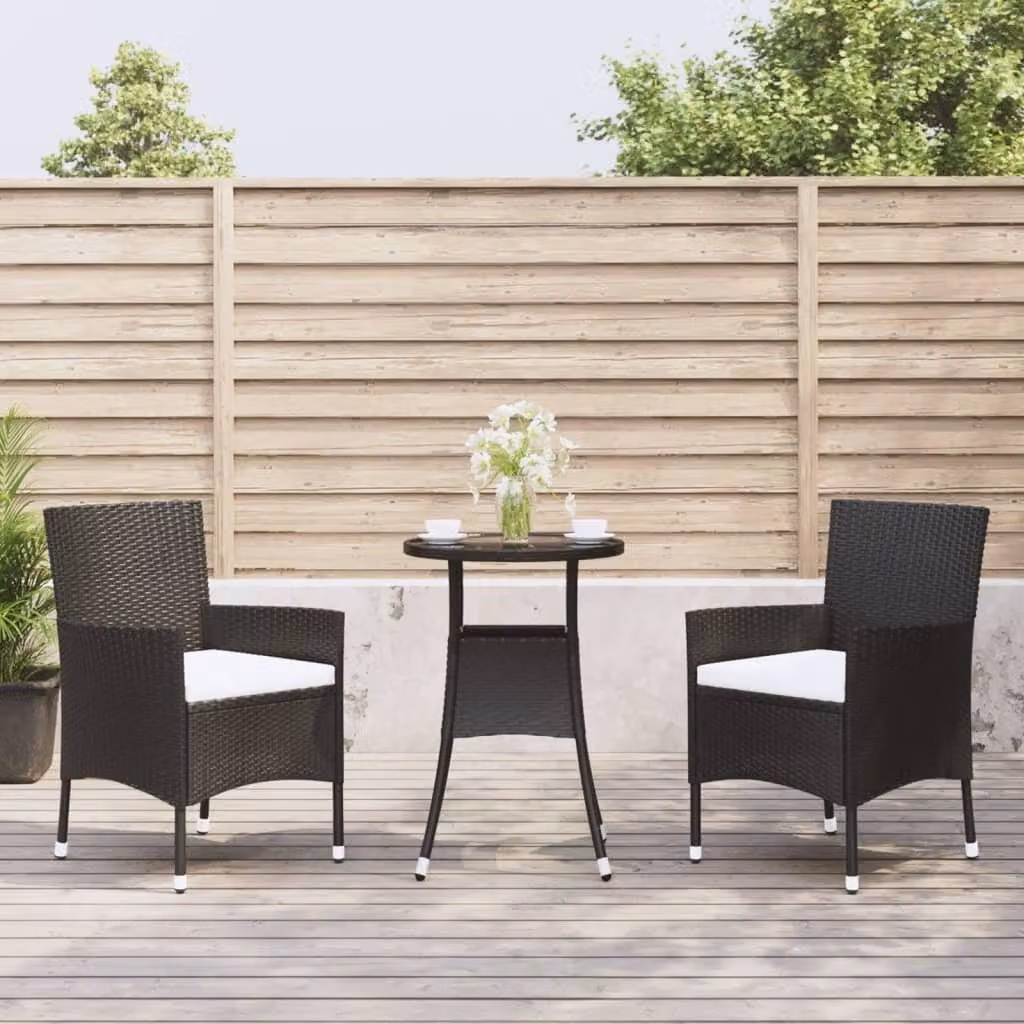 The Living Store Set da giardino bistrot 3 pezzi con cuscini in poly rattan nero