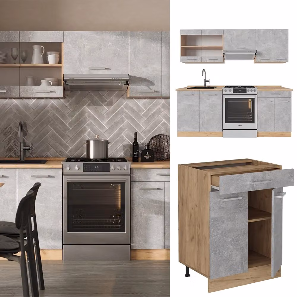 Cucina componibile R-Line Vicco in finitura Calcestruzzo e Rovere dorato, L: 200 cm – 2