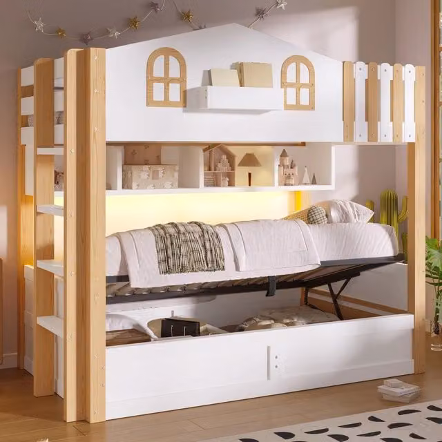 Letto a castello ¨C Minimal ¨C Bianco e legno naturale 90x200cm con LED idraulico senza materasso