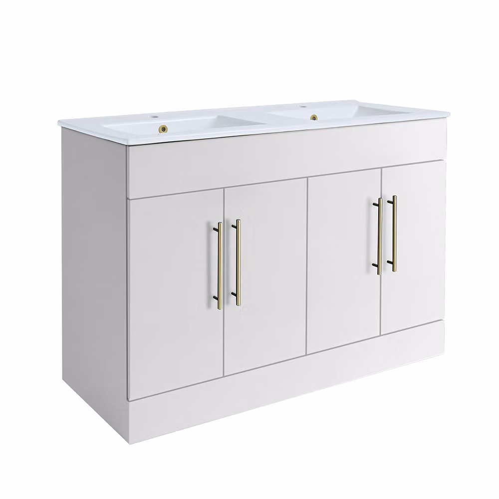 Mobile Bagno a Terra Bianco da 1210mm con Doppio Lavabo e Maniglie con Barra a T in Oro Satinato - Cluo