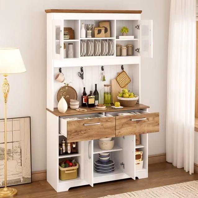Credenza buffet da cucina 106x39x176;5 cm con 2 cassetti; ante in vetro e ganci; bianco/legno
