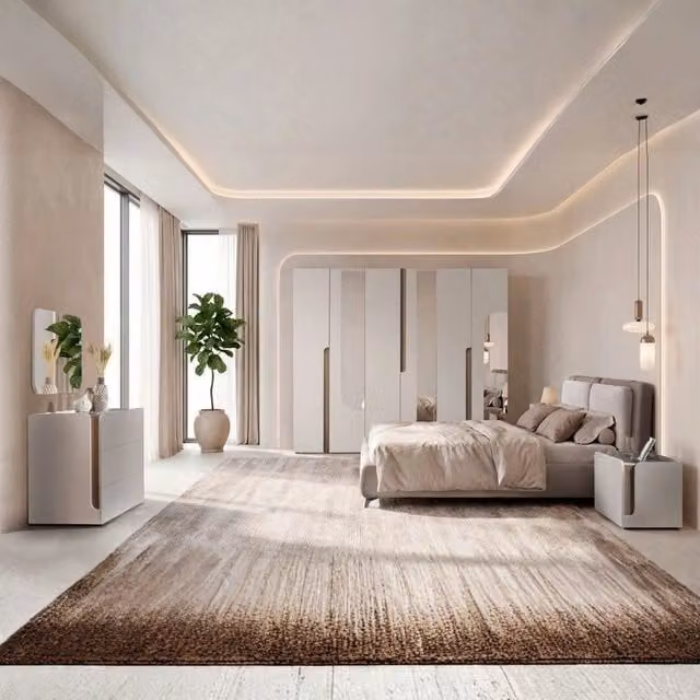 Completa camera da letto moderna Loana in olmo e tessuto beige con armadio a 6 ante, specchi, comodini, cassettiera e letto contenitore 160x190 cm