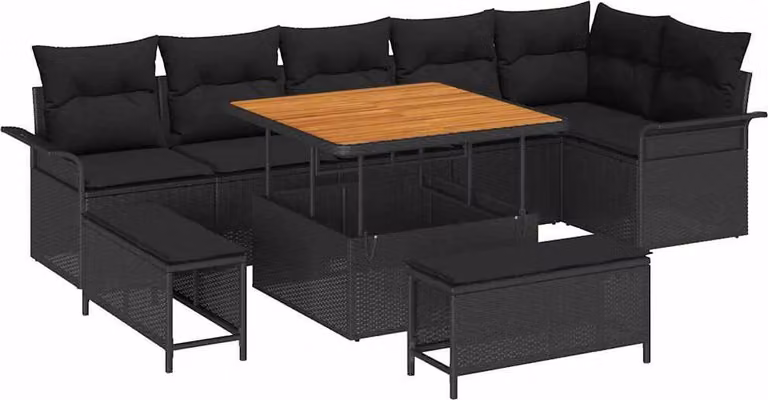 Set Divano da Giardino con cuscino 9 pcs Nero polyrattan