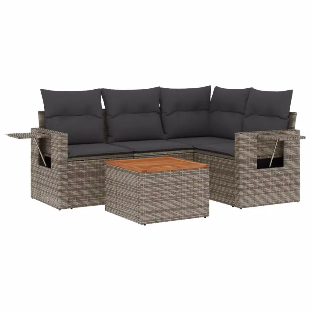 vidaXL Set Divano da Giardino 5 pz a L in Polyrattan Grigio con Cuscini e Tavolino – 2